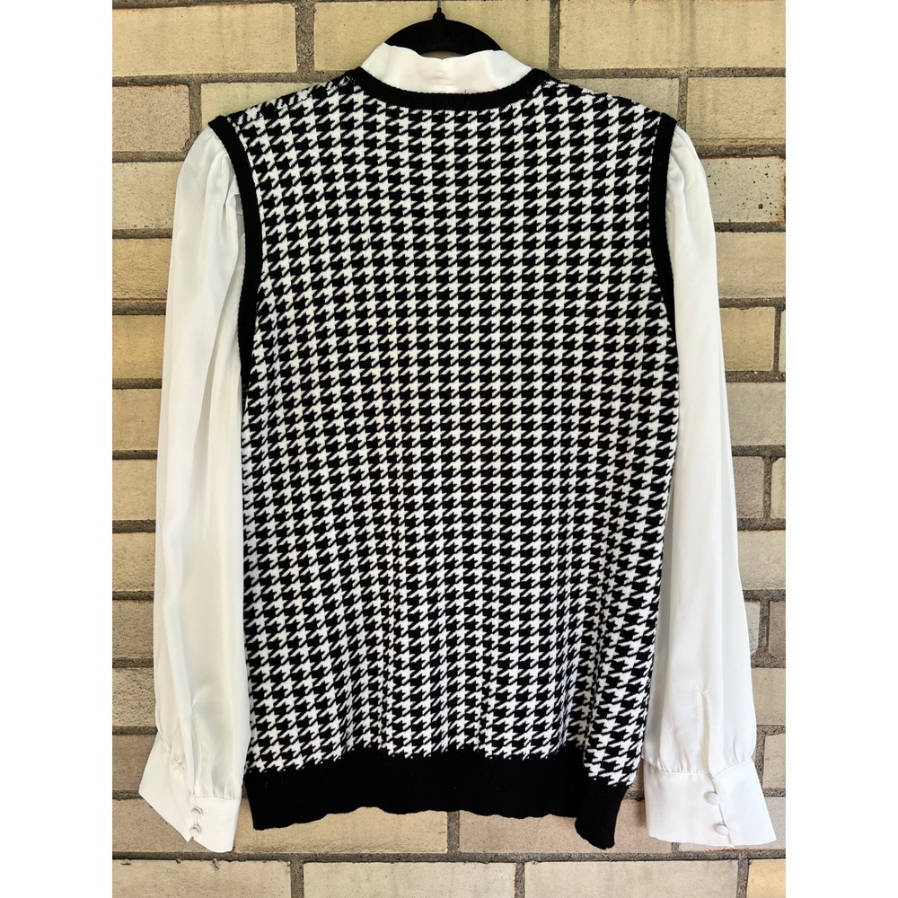Adrianna Papell Black White Houndstooth Tie Neck Layered Top Sweater Size Small - Picture 4 of 5